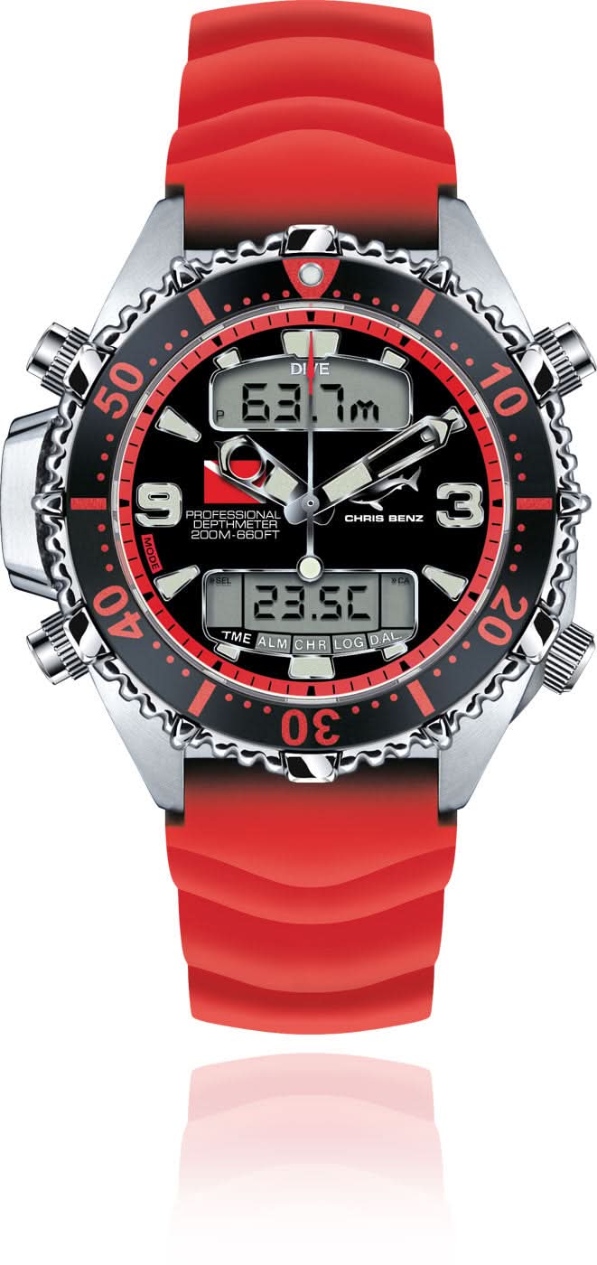 Digitale Herrenuhr mit rotem Silikonarmband, schwarzem Zifferblatt und roten Akzenten