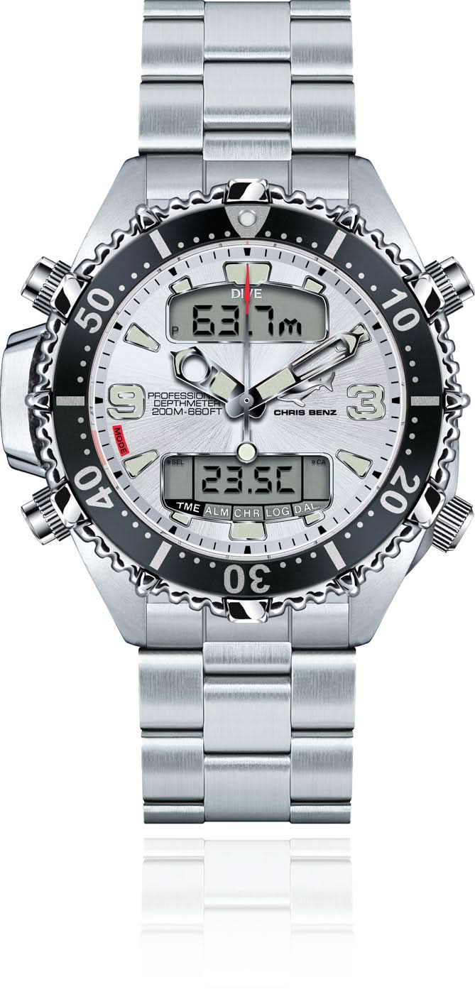 Orologio da uomo Chris Benz Depthmeter Digital 200M CB-D200X-SI-MB • Impermeabile 200m • Profondimetro
