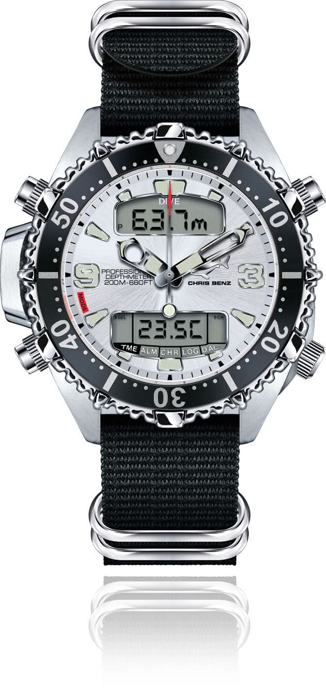 Orologio da uomo con cinturino in tessuto nero, lancette analogiche e display digitale di profondità
