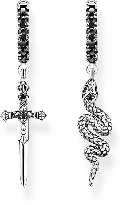 Orecchini con ciondolo a forma di serpente e spada - Argento Sterling 925 brunito