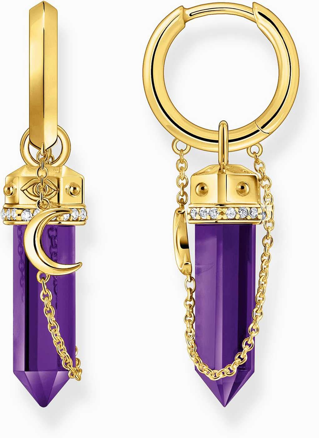 Goldfarbene Creolen mit lila Amethyst-Anhänger und Kette, Hängerohrring-Set