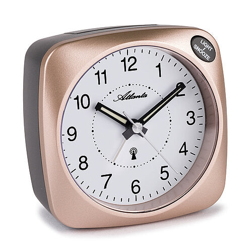 Wecker mit roségoldfarbenem Gehäuse und weißem Analog-Zifferblatt