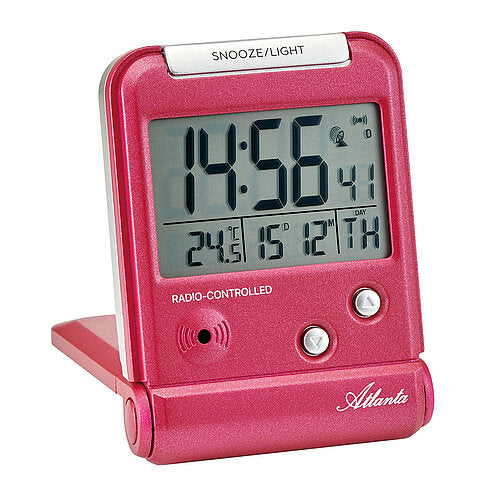 Atlanta Funk-Wecker mit Kalender- und Temperaturanzeige, rotes Gehäuse mit großem Display