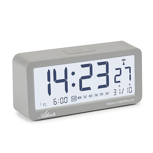 Funkwecker in Grau mit großem Digitaldisplay und Wochentagsanzeige