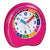 Kleiner rosa Wecker mit mehrfarbigem Ziffernblatt und transparentem Schutzrand