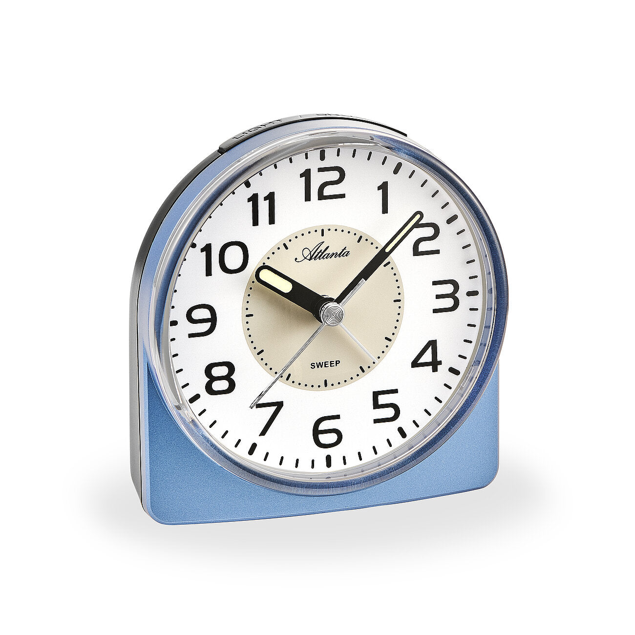 Blauer Wecker mit weißem Zifferblatt, schwarzen Zeigern und arabischen Zahlen
