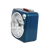 Blauer Wecker in schräger Ansicht mit rundem Analogziffernblatt und grünen Zeigern