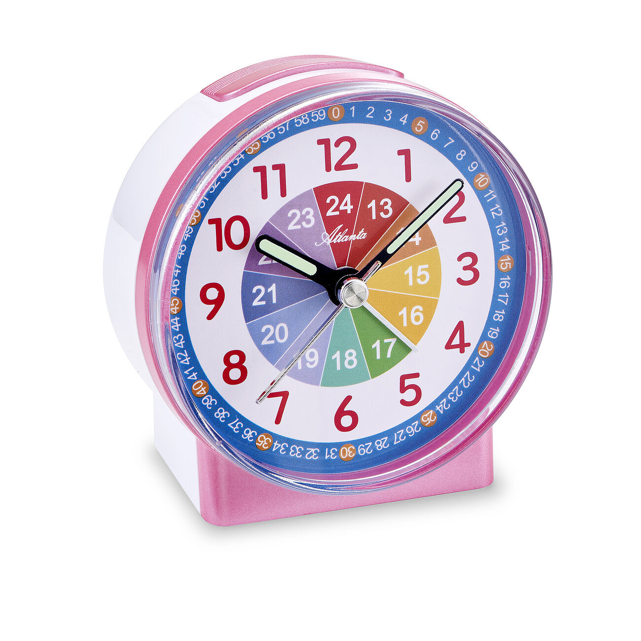 Rosa Kinderwecker mit rundem Analogzifferblatt, roten Zahlen und schwarzem Zeiger