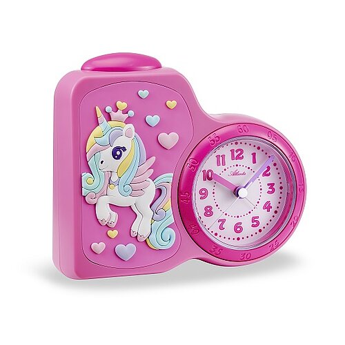 Rosa Kinderwecker mit Einhorn-Motiv, runder Uhranzeige und Herzen