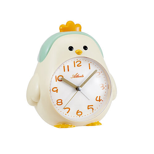 Kinderwecker Atlanta KIKERIKI mit Pinguin-Design, cremefarbenem Gehäuse und Ziffernblatt