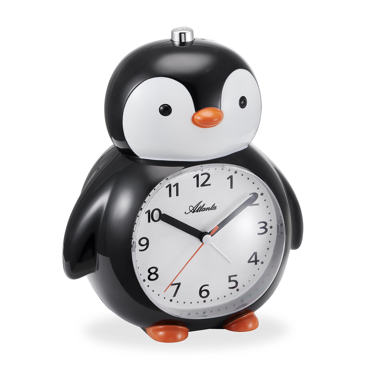 Pinguin-Wecker mit analogem Zifferblatt, schwarz-weißem Gehäuse und roten Zeigern