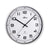 Wanduhr aus silbernem Gehäuse mit weißem Zifferblatt, schwarze Zahlen und Zeiger