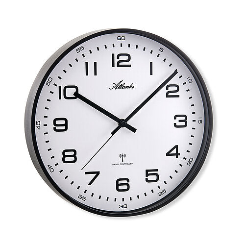 Runde Wanduhr mit schwarzem Rahmen und weißem Ziffernblatt, Atlanta, Funkwerk