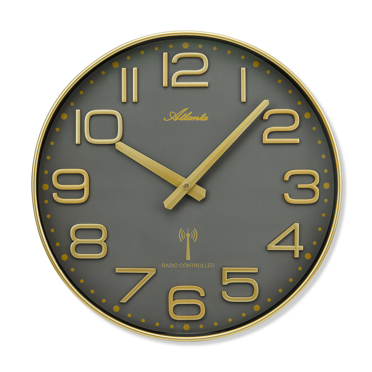 Wanduhr mit goldenem Rahmen, grauem Ziffernblatt und großen goldenen arabischen Ziffern, Funk.
