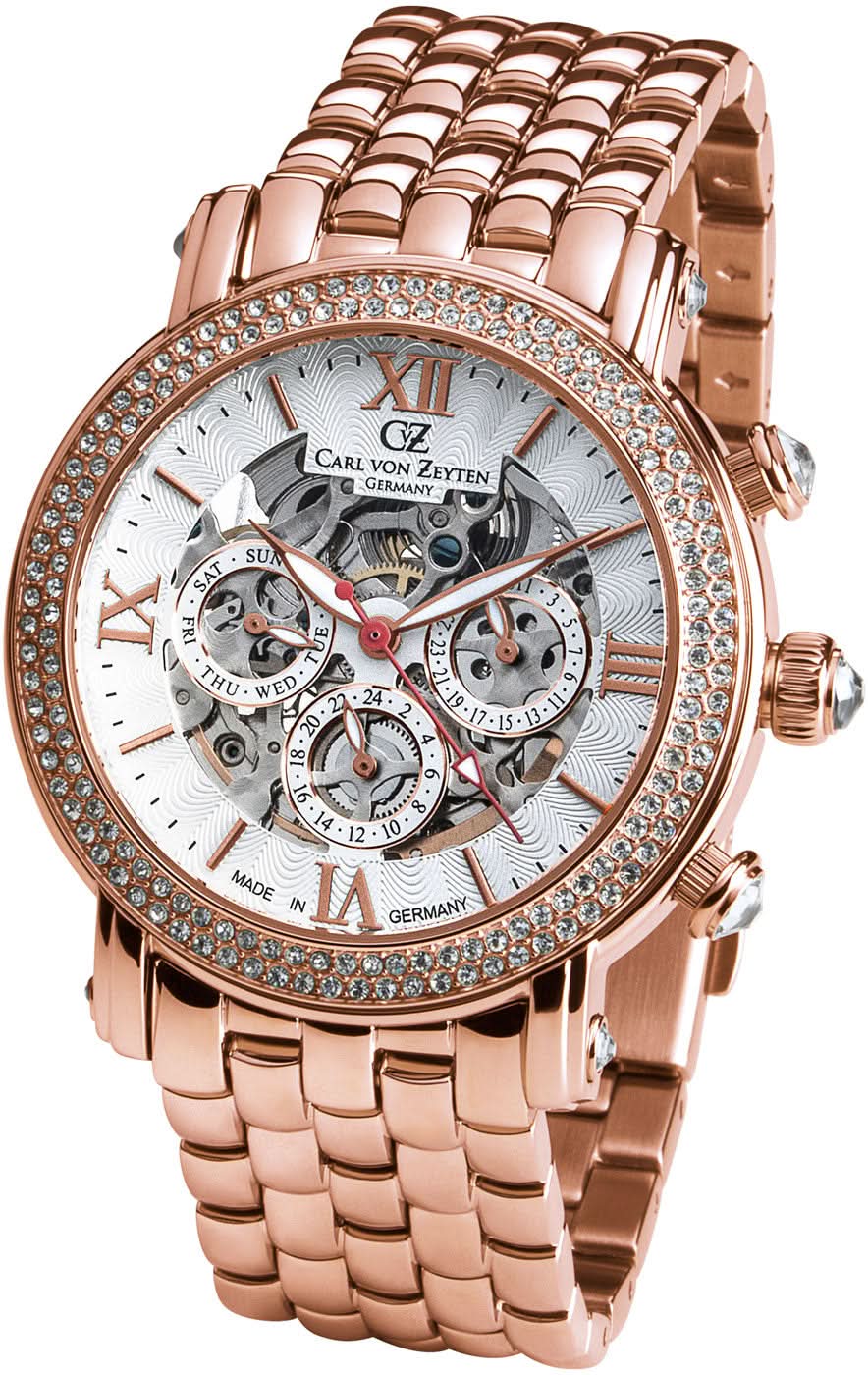 Orologio da donna Carl von Zeyten con bracciale in metallo color oro rosa, lunetta con strass e movimento a bilanciere a vista