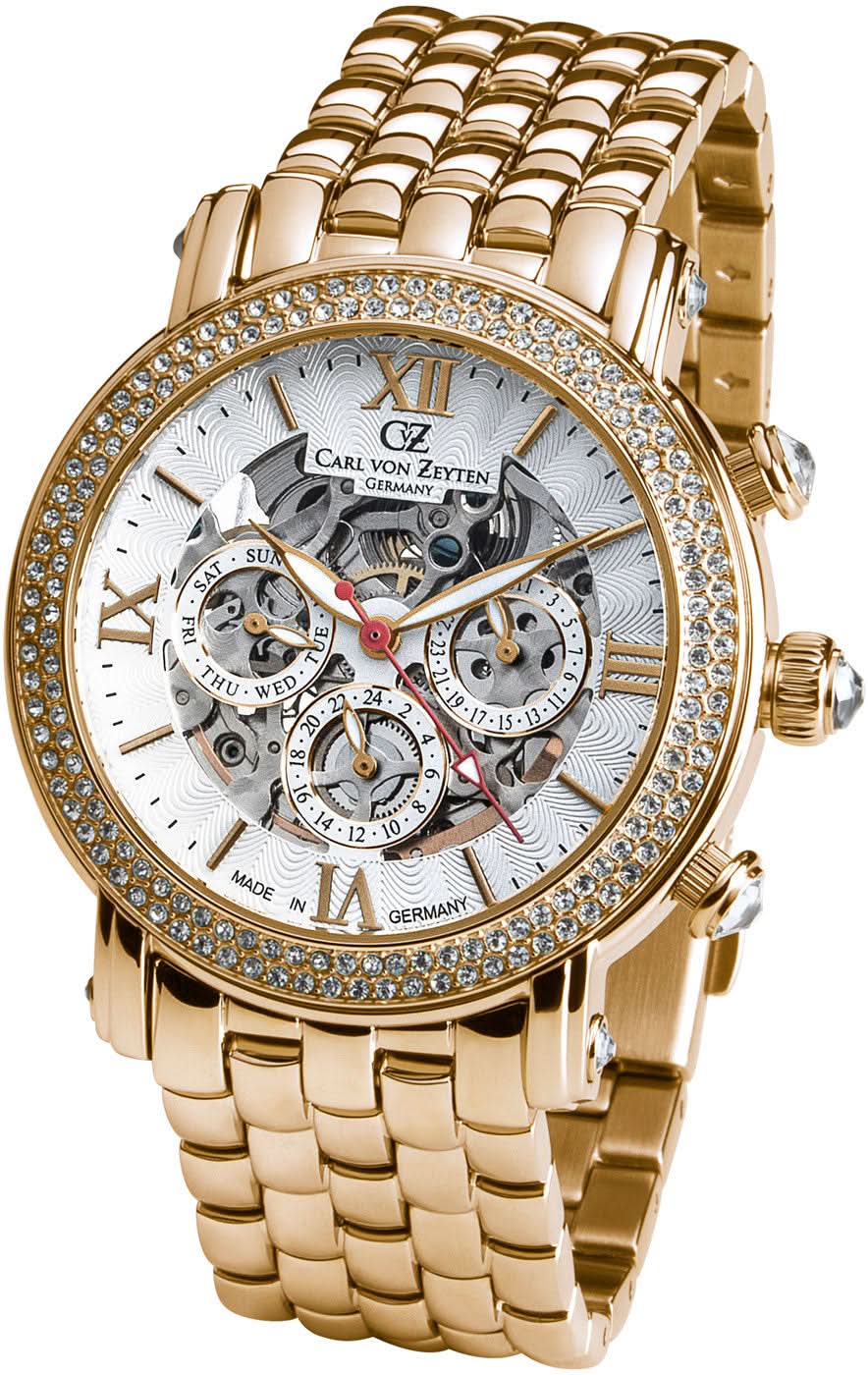 Orologio da donna color oro con bracciale in metallo, lunetta scintillante e quadrante bianco con movimento a vista