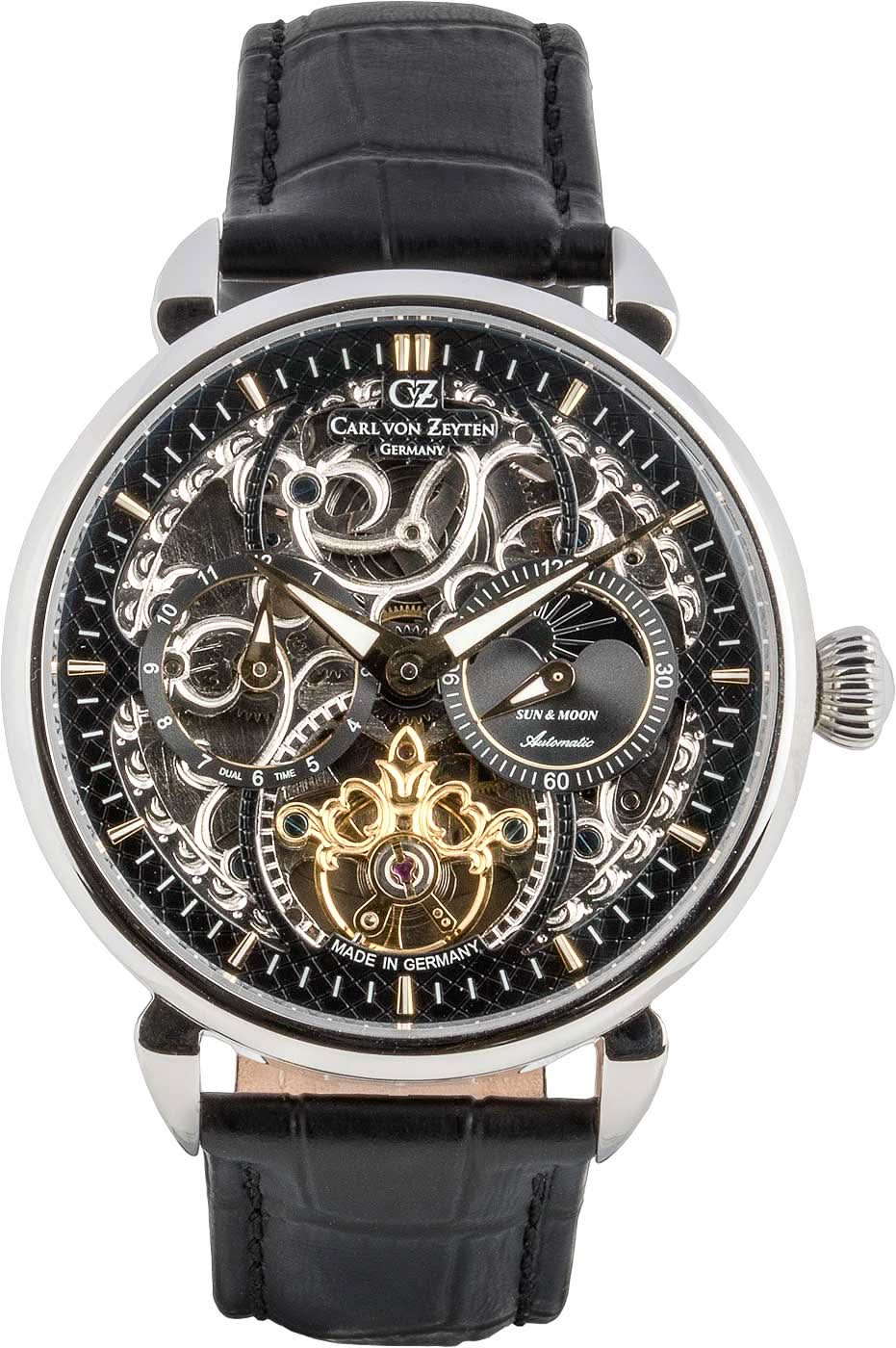 Herrenuhr: skelettiertes Zifferblatt, schwarzes Lederband und rundes Gehäuse