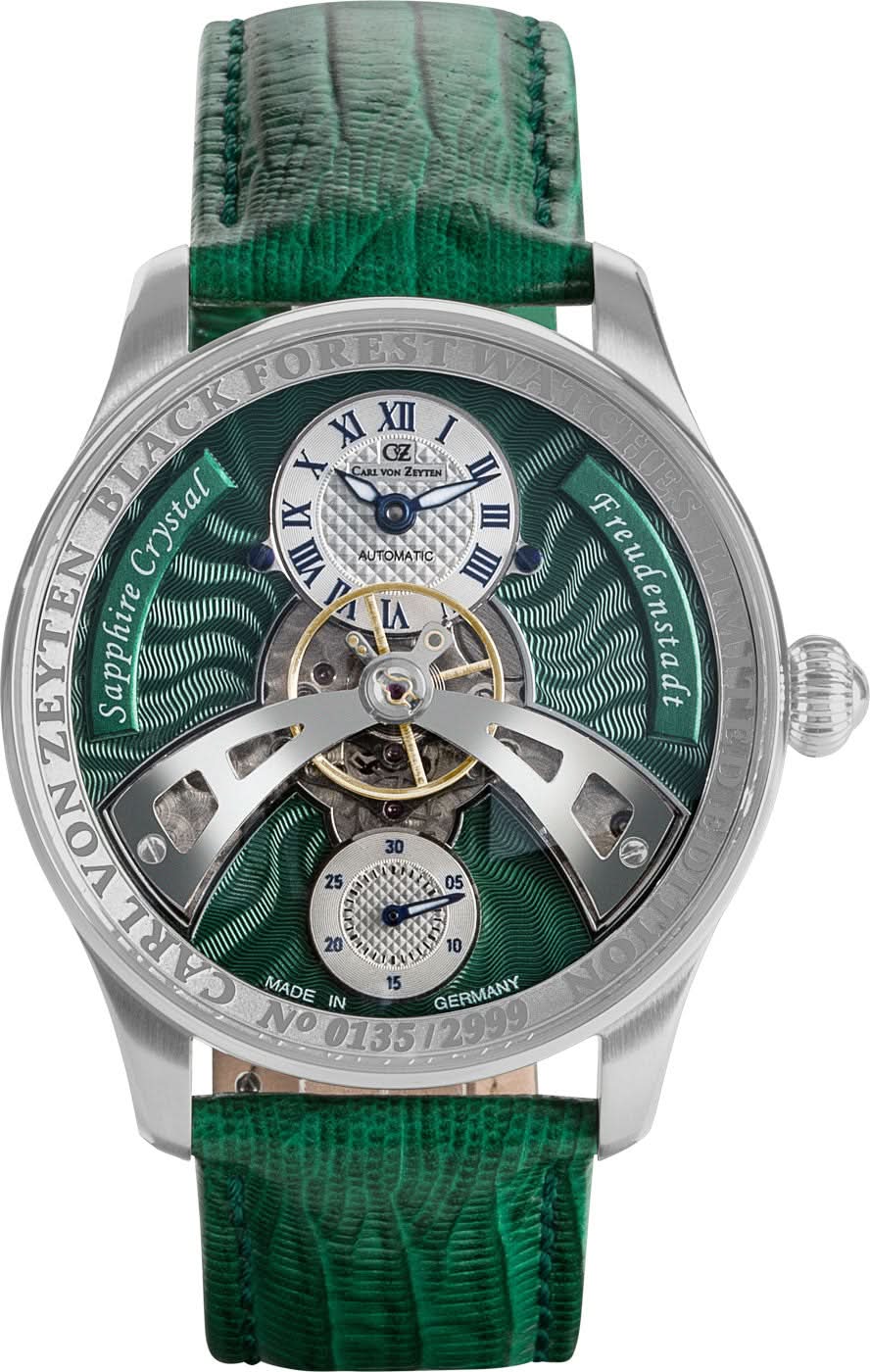 Herrenarmbanduhr mit offenem Zifferblatt, grünem Lederband und silbernem Edelstahlgehäuse