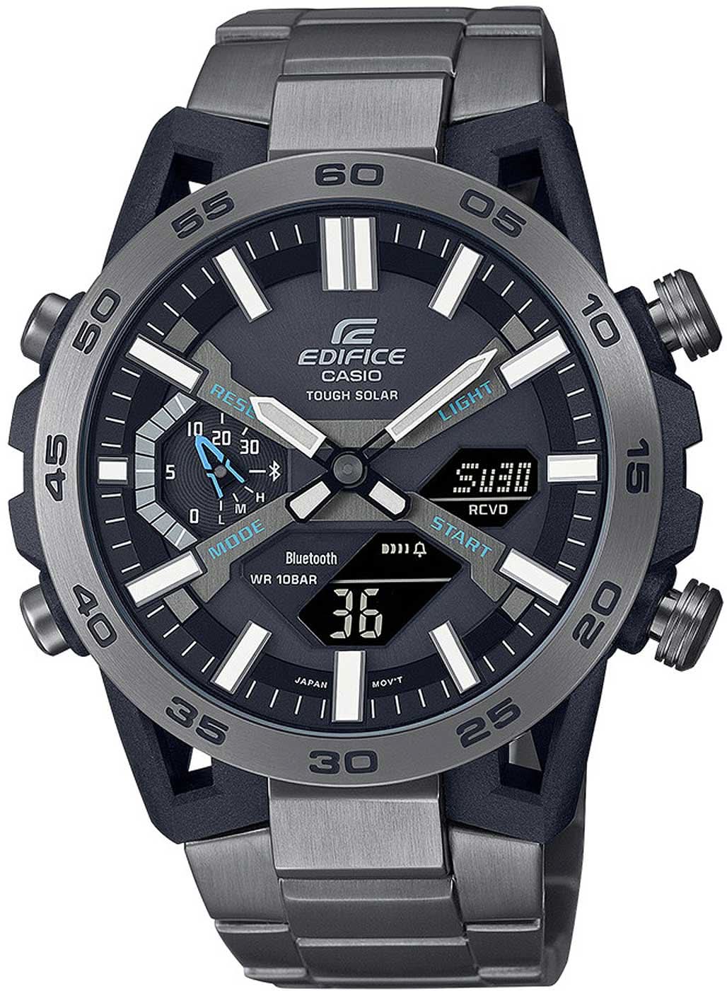 Orologio da uomo con quadrante scuro, lunetta in acciaio e cinturino in metallo; indici luminescenti