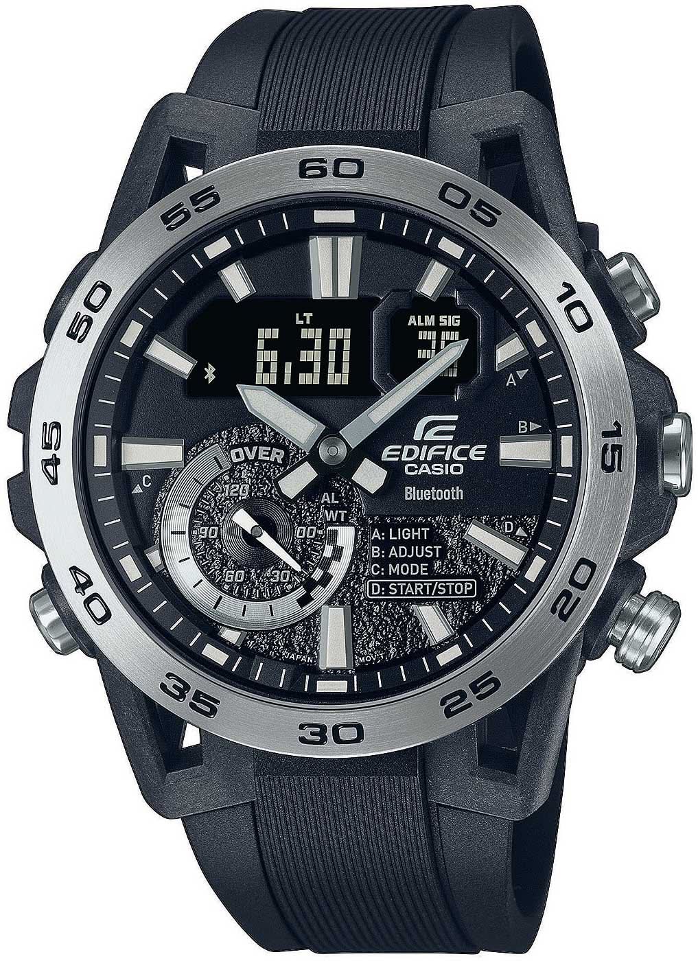 Orologio sportivo con quadrante nero, display digitale, cinturino in silicone nero e indici luminescenti