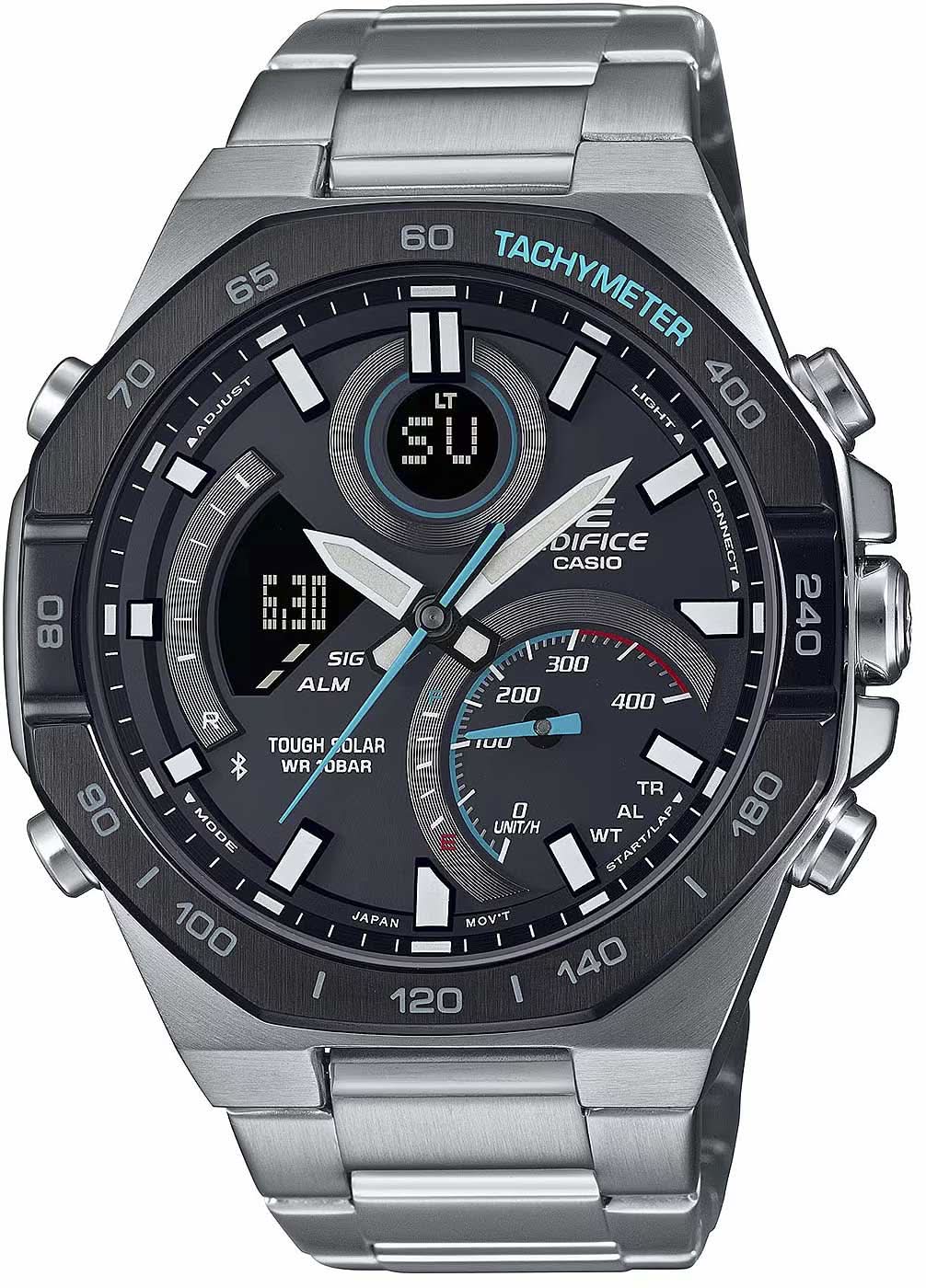 Orologio da uomo con quadrante scuro, cinturino in metallo e lunetta tachimetrica