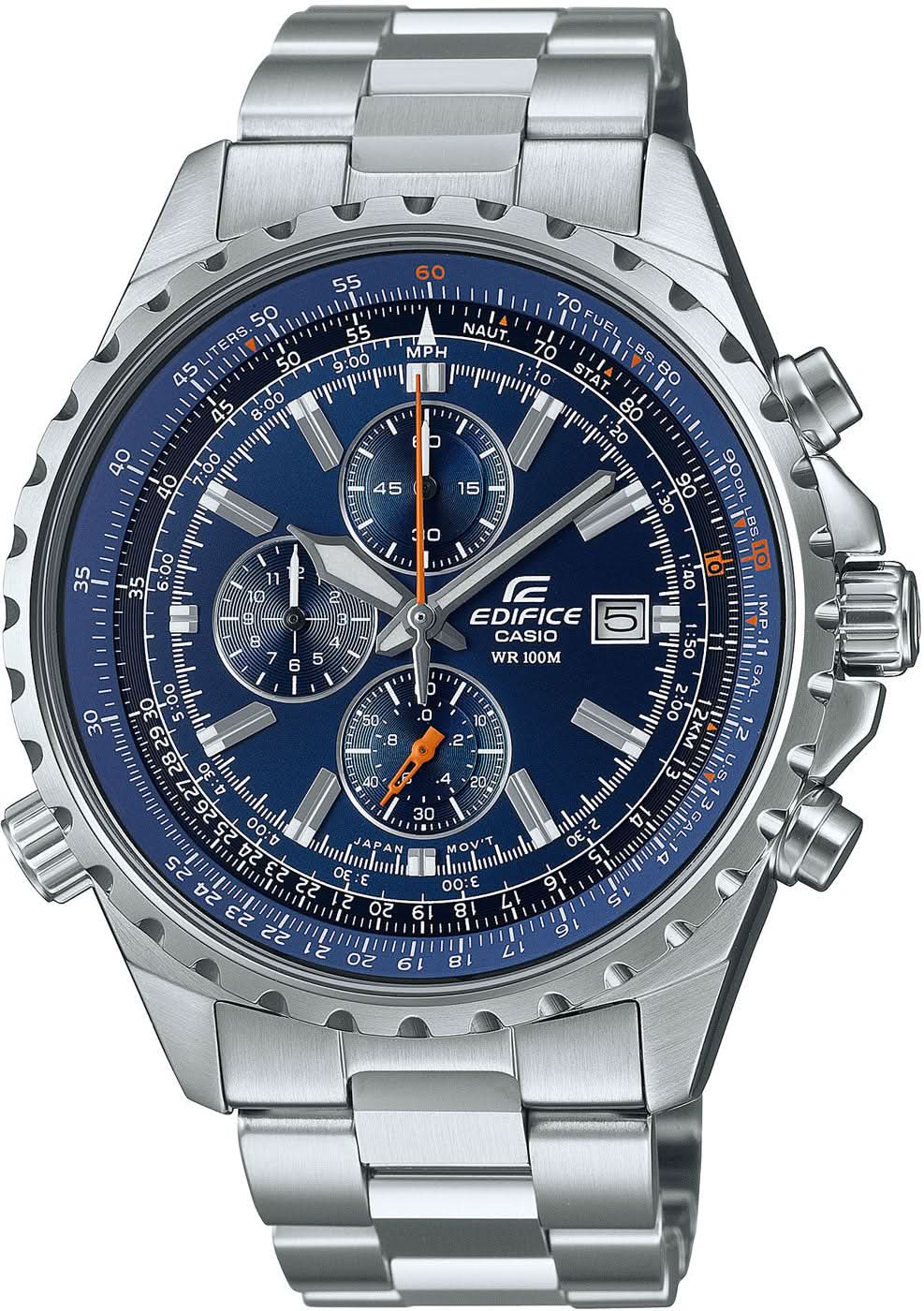 Orologio da uomo cronografo con quadrante blu e cinturino in acciaio inossidabile.