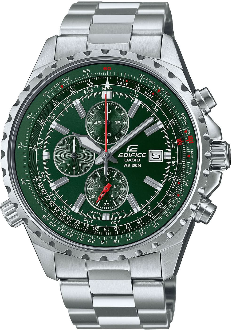 Orologio da uomo con quadrante verde, sottoquadranti cronografici e cinturino in acciaio inossidabile