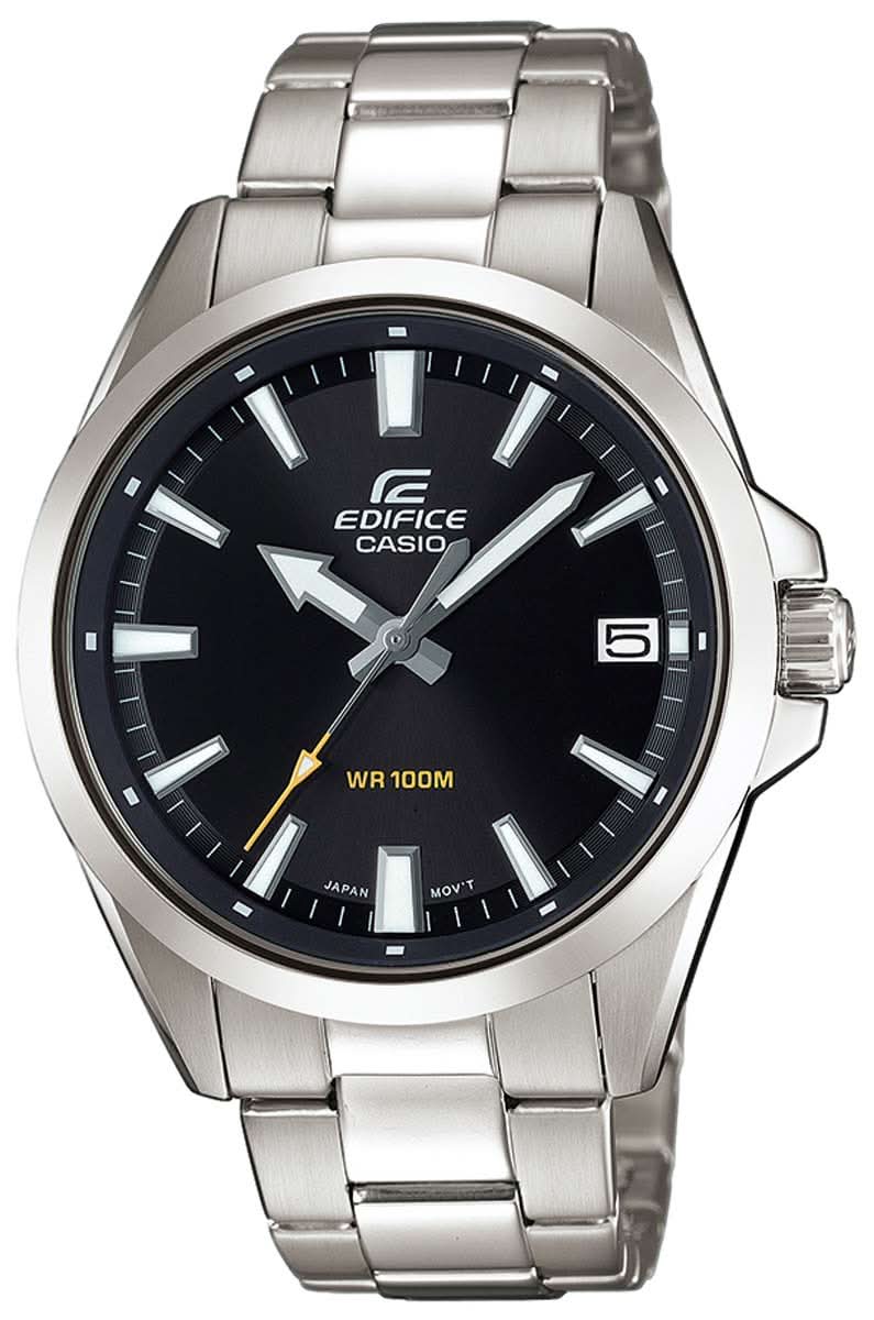 Casio Edifice Herrenuhr mit silbernem Edelstahlband und dunklem Zifferblatt, WR100M