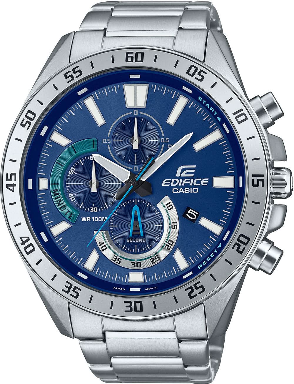 Orologio da uomo con quadrante cronografo blu, cassa e bracciale in acciaio inossidabile.