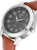 Orologio da donna con quadrante scuro e cinturino in pelle marrone, corona laterale