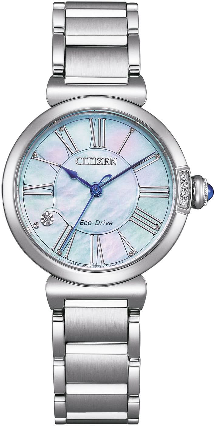 Orologio da donna con bracciale in acciaio inossidabile color argento e quadrante blu cangiante, Citizen