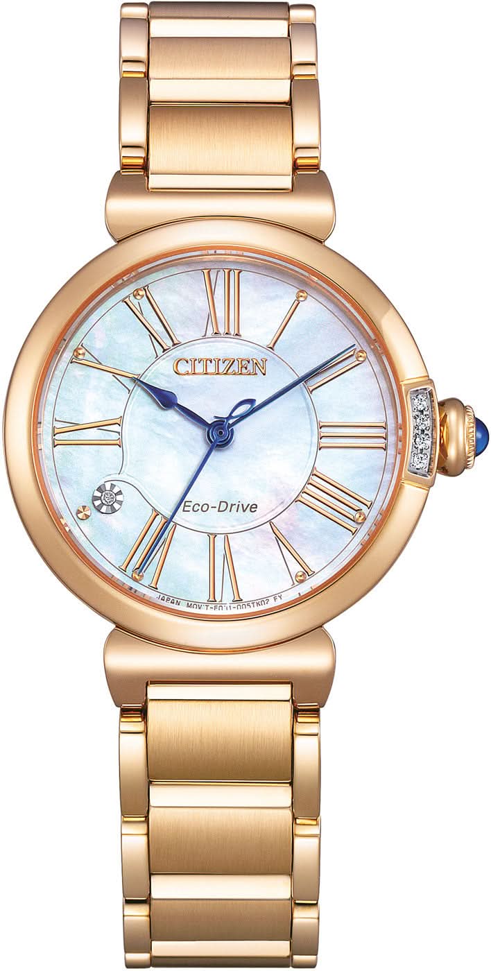 Orologio da donna con catena in acciaio inossidabile color oro, quadrante blu, numeri romani, Eco-Drive