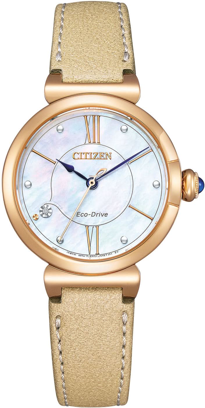 Damenuhr Citizen: roségoldfarbenes Gehäuse, silbernes Zifferblatt, beiges Lederband.