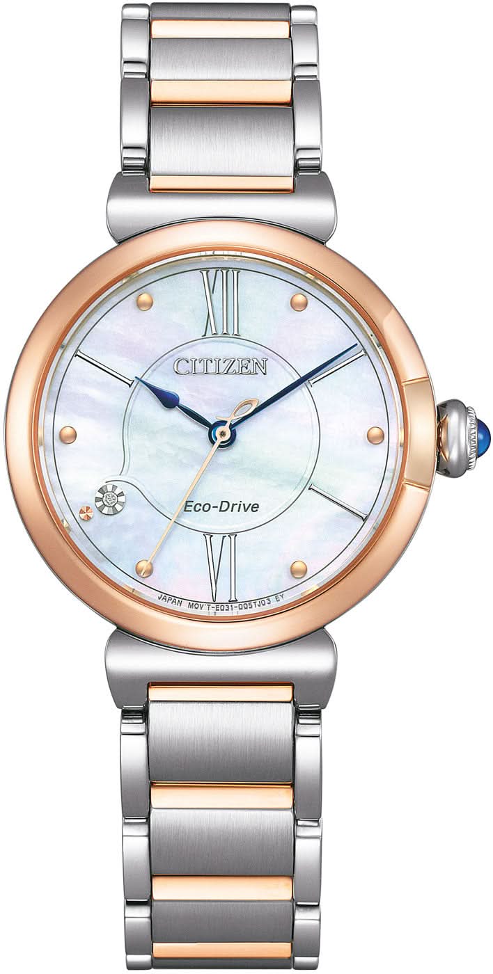 Orologio da donna con quadrante blu, lunetta in oro rosa e cinturino in metallo con Eco-Drive