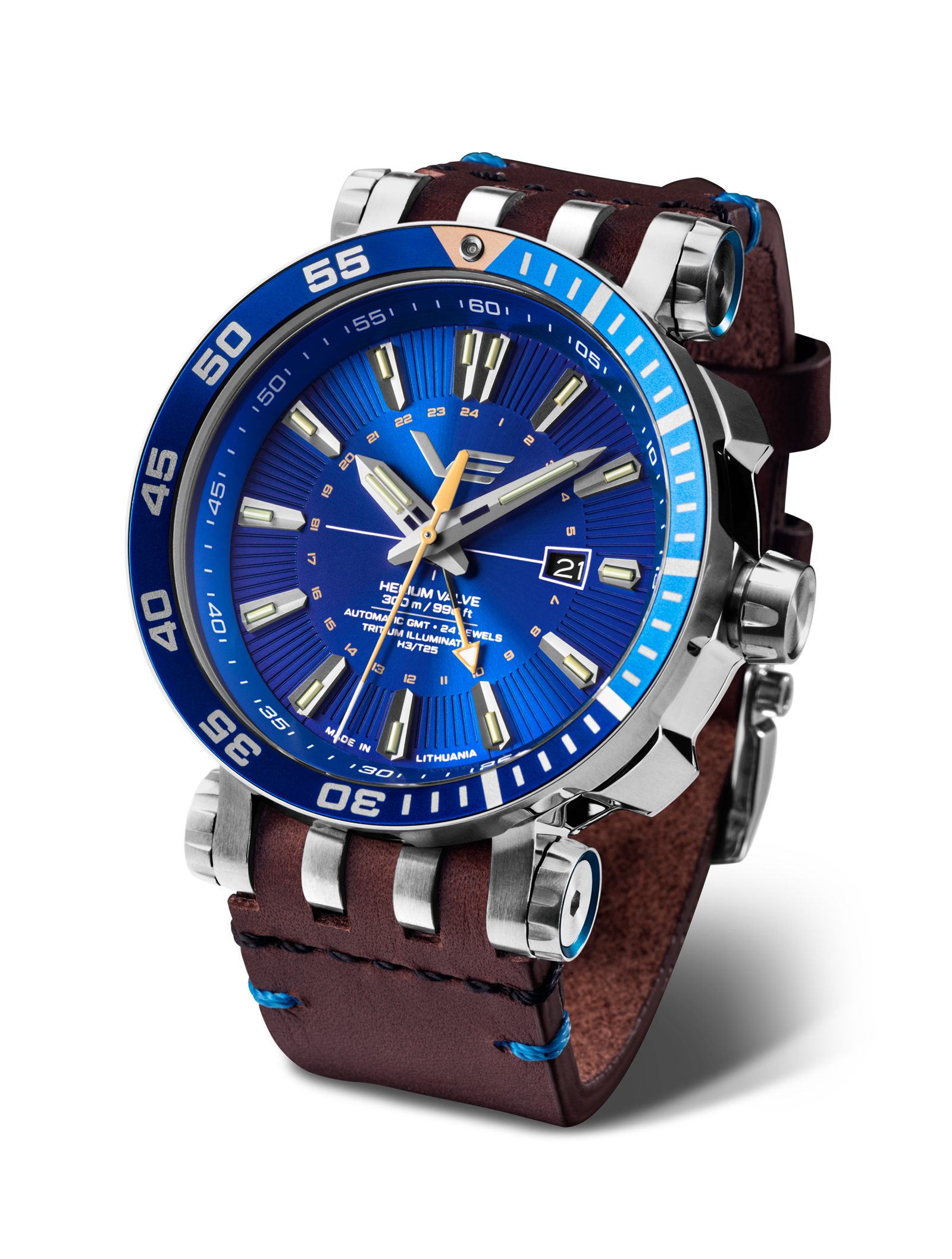 Orologio da uomo Vostok Europe con quadrante blu, GMT e cinturino in pelle marrone