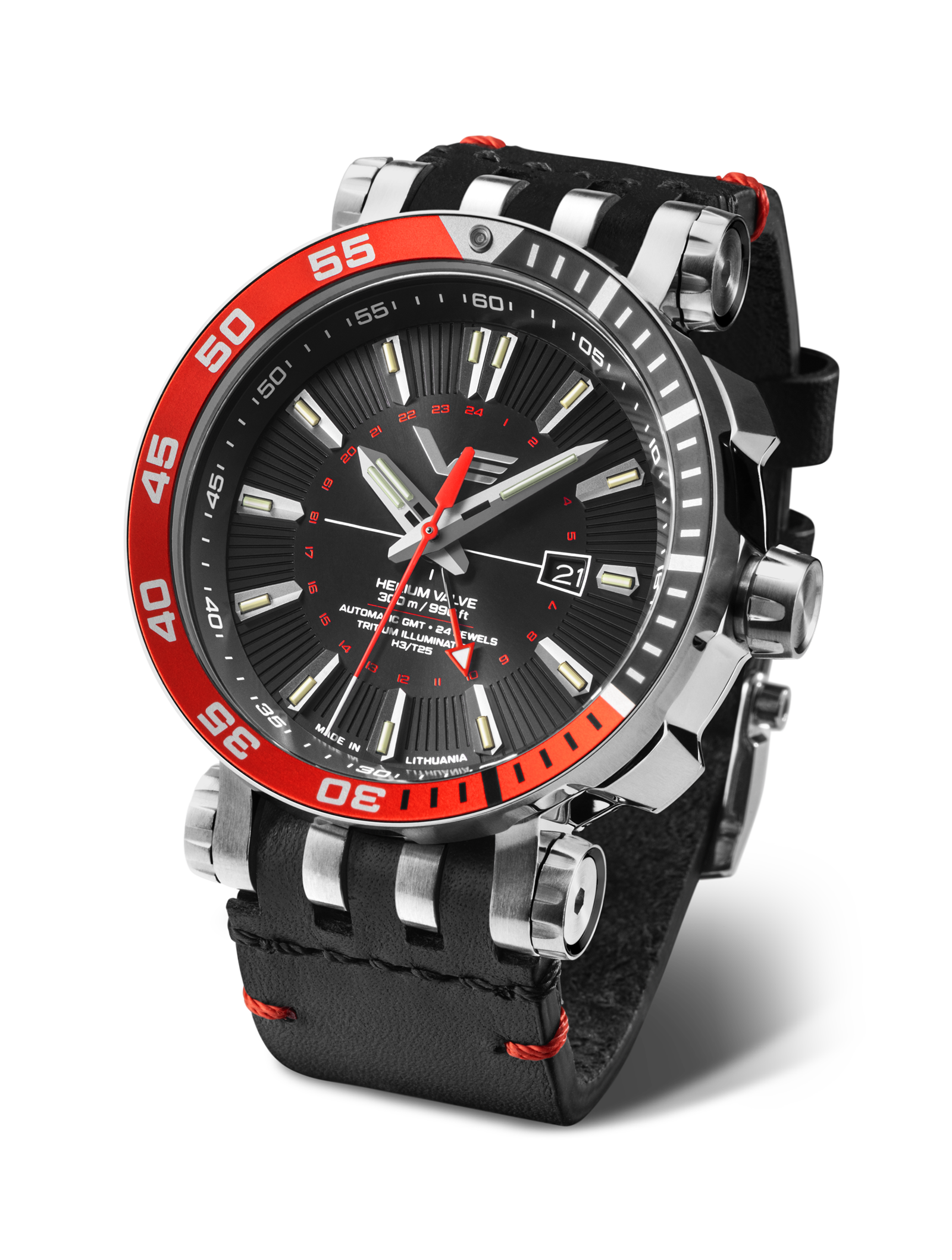 Orologio da uomo Vostok Europe con quadrante nero, lunetta rossa e cinturino nero