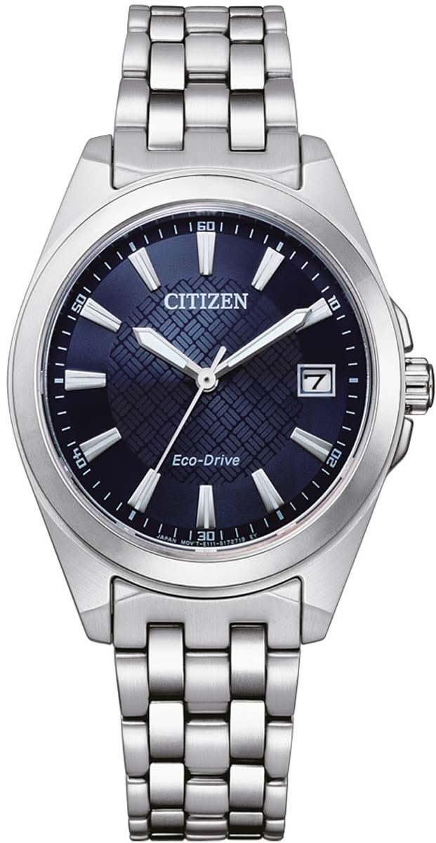 Orologio da donna con quadrante blu e cinturino in acciaio inossidabile, Eco-Drive, lunetta rotonda