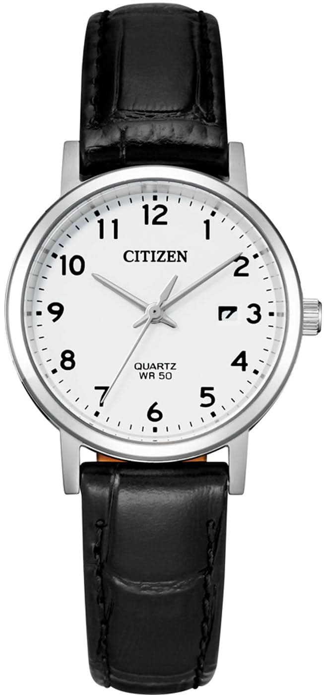 Orologio da donna Citizen con cinturino in pelle nera, quadrante rotondo argentato e indici
