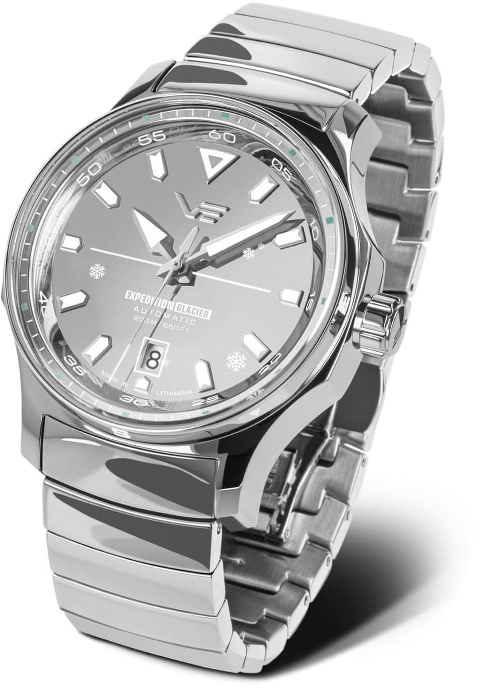 Orologio da uomo in argento con bracciale in acciaio, quadrante rotondo e indici chiari