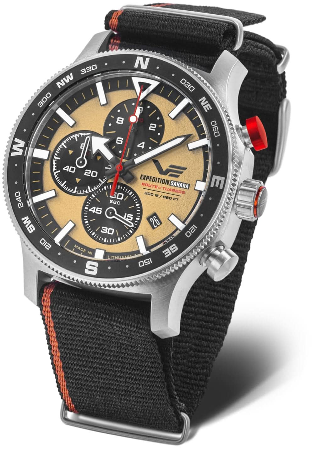 Cronografo da uomo Vostok Europe con quadrante nero, accenti dorati e cinturino in nylon