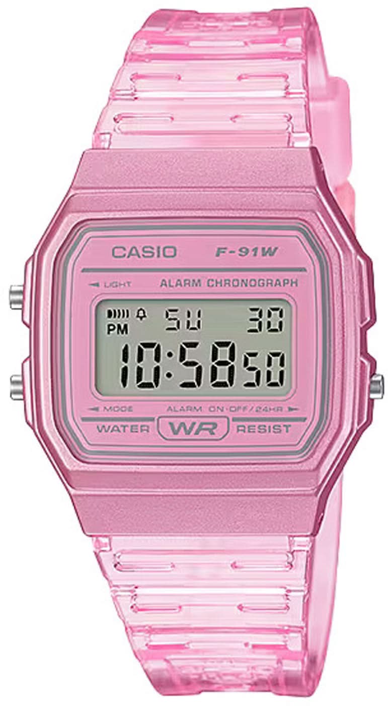 Orologio digitale trasparente rosa con cassa rettangolare e display a LED