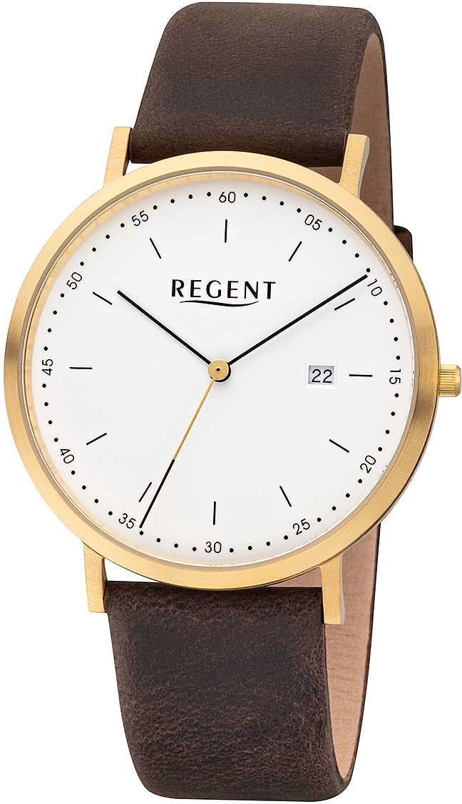 Orologio da uomo Regent con cinturino in pelle marrone, cassa in acciaio inossidabile color oro, quadrante bianco