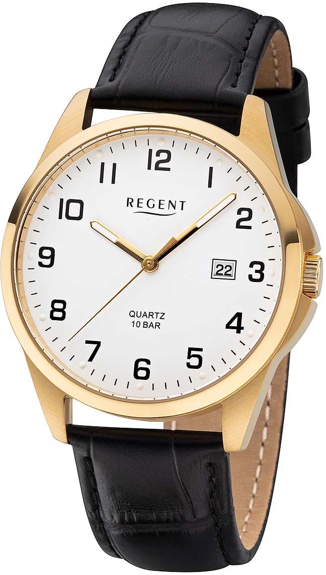 Orologio da uomo con cassa color oro, cinturino in pelle nera e quadrante bianco, datario