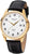 Orologio da uomo con cassa color oro, cinturino in pelle nera e quadrante bianco, datario