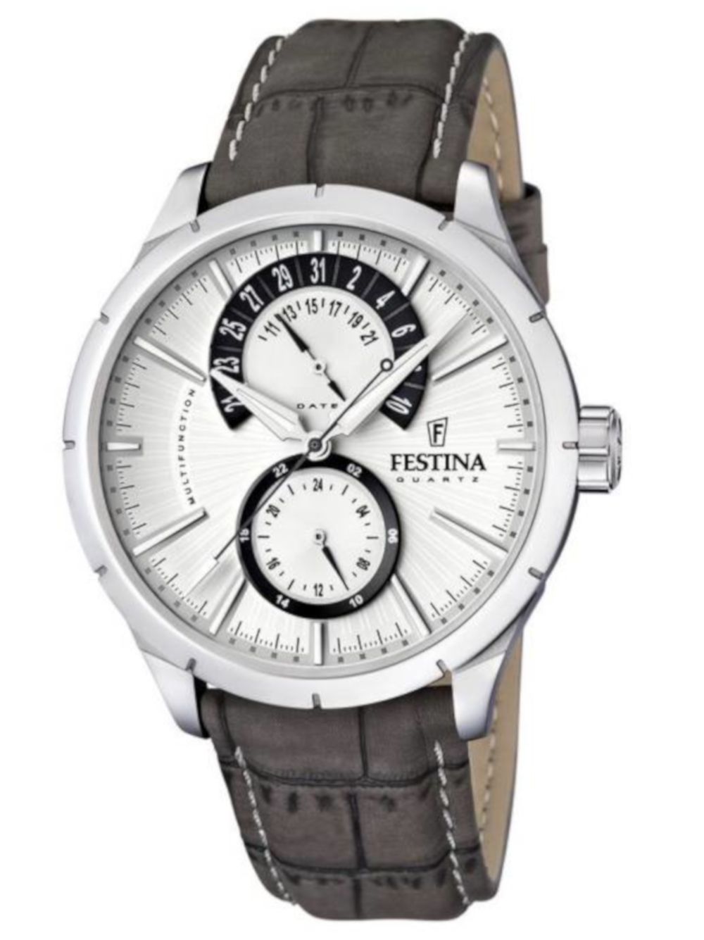 Festina Retro F16573/2 Herrenuhr Silber • Multifunktion 24h-Anzeige • Graues Lederarmband