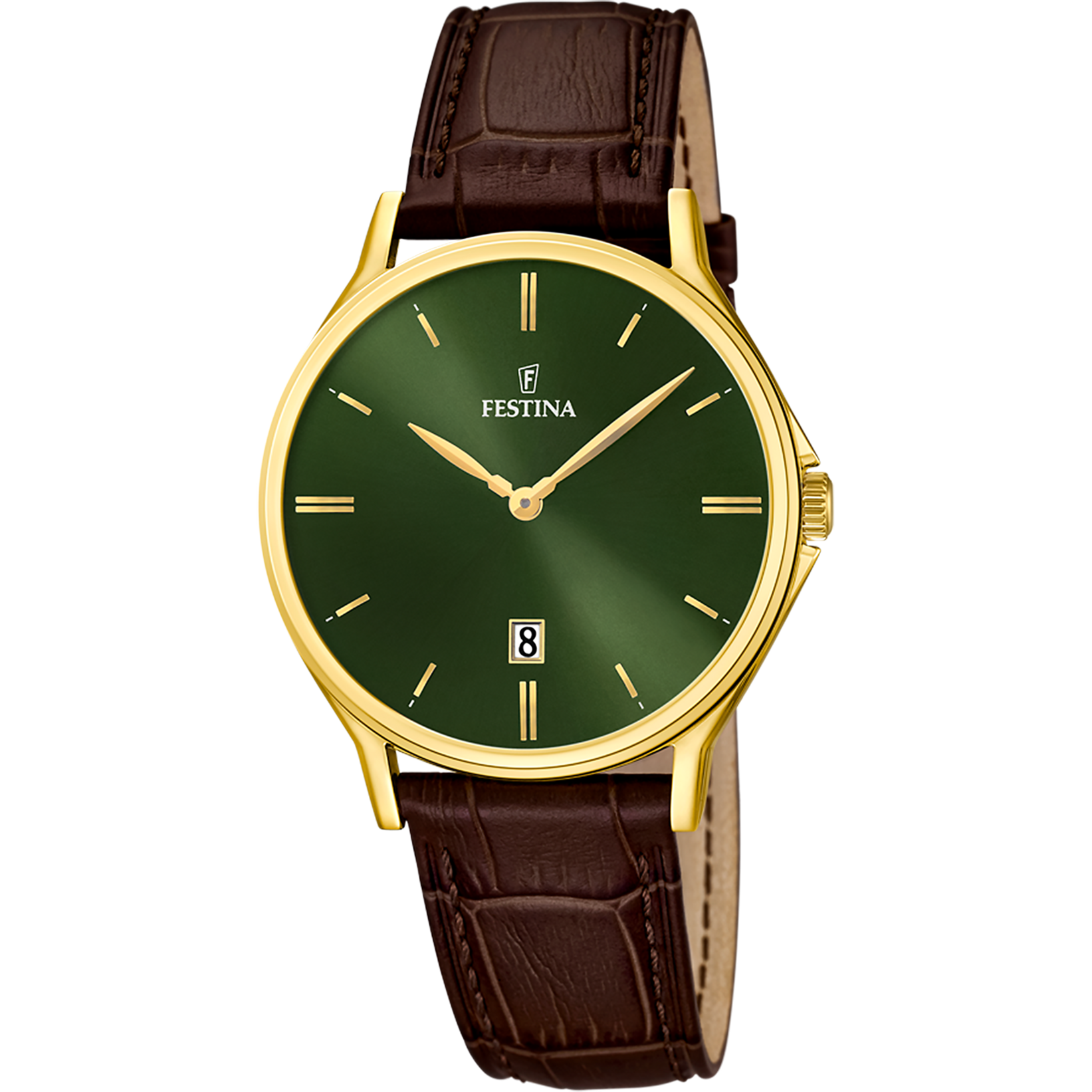 Festina Classics F16747/5 Herrenuhr Grün • Quarzwerk mit Datum • Lederarmband Braun