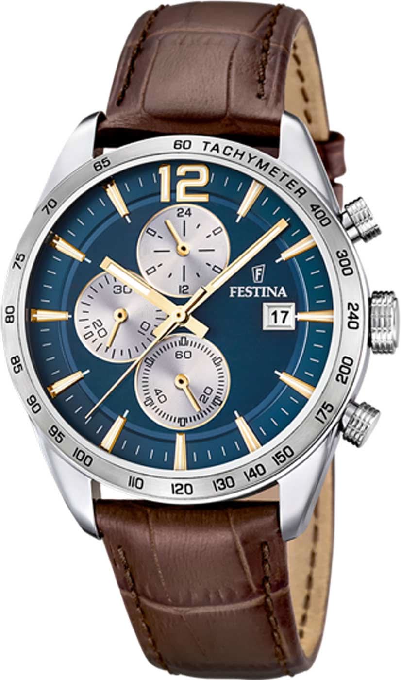 Orologio da uomo Festina Timeless Chronograph F16760/7 • Quadrante blu • Cinturino in pelle