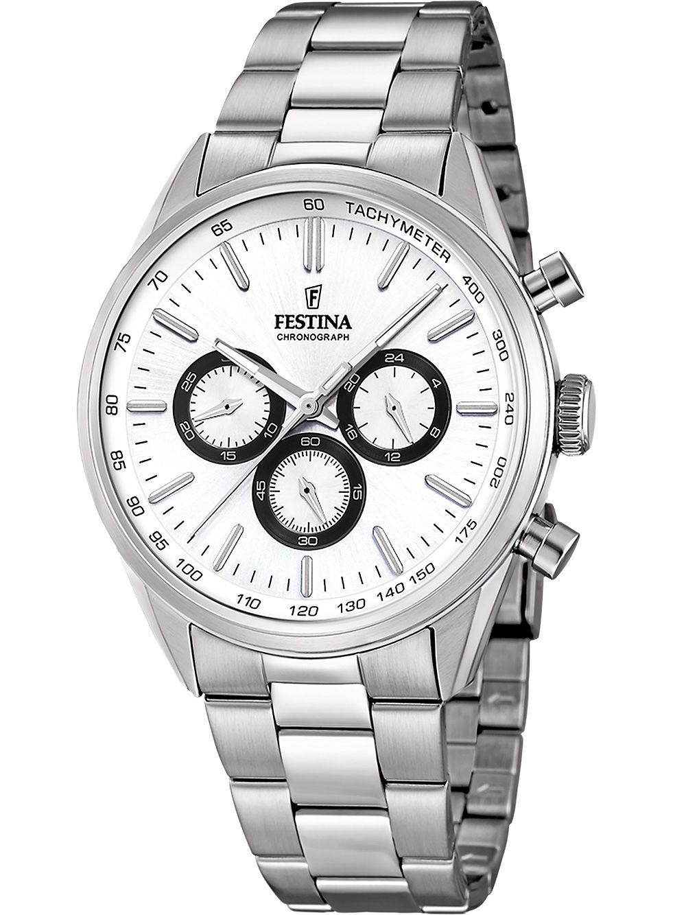 Festina Timeless Chronograph F16820/Q Herrenuhr Silber • Weißes Zifferblatt mit Tachymeter • Mineralglas
