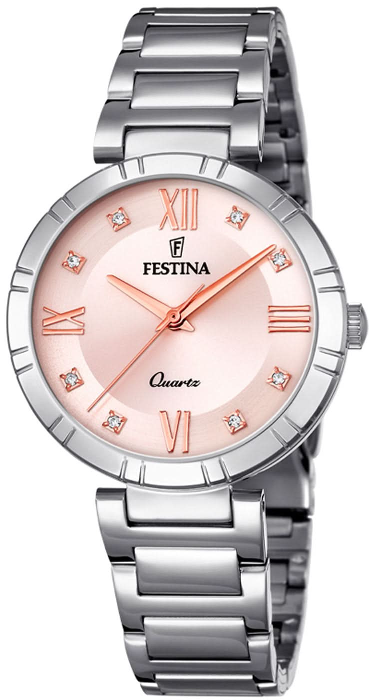 Orologio da donna con bracciale in acciaio inossidabile e quadrante rosa, numeri romani, indici in cristallo