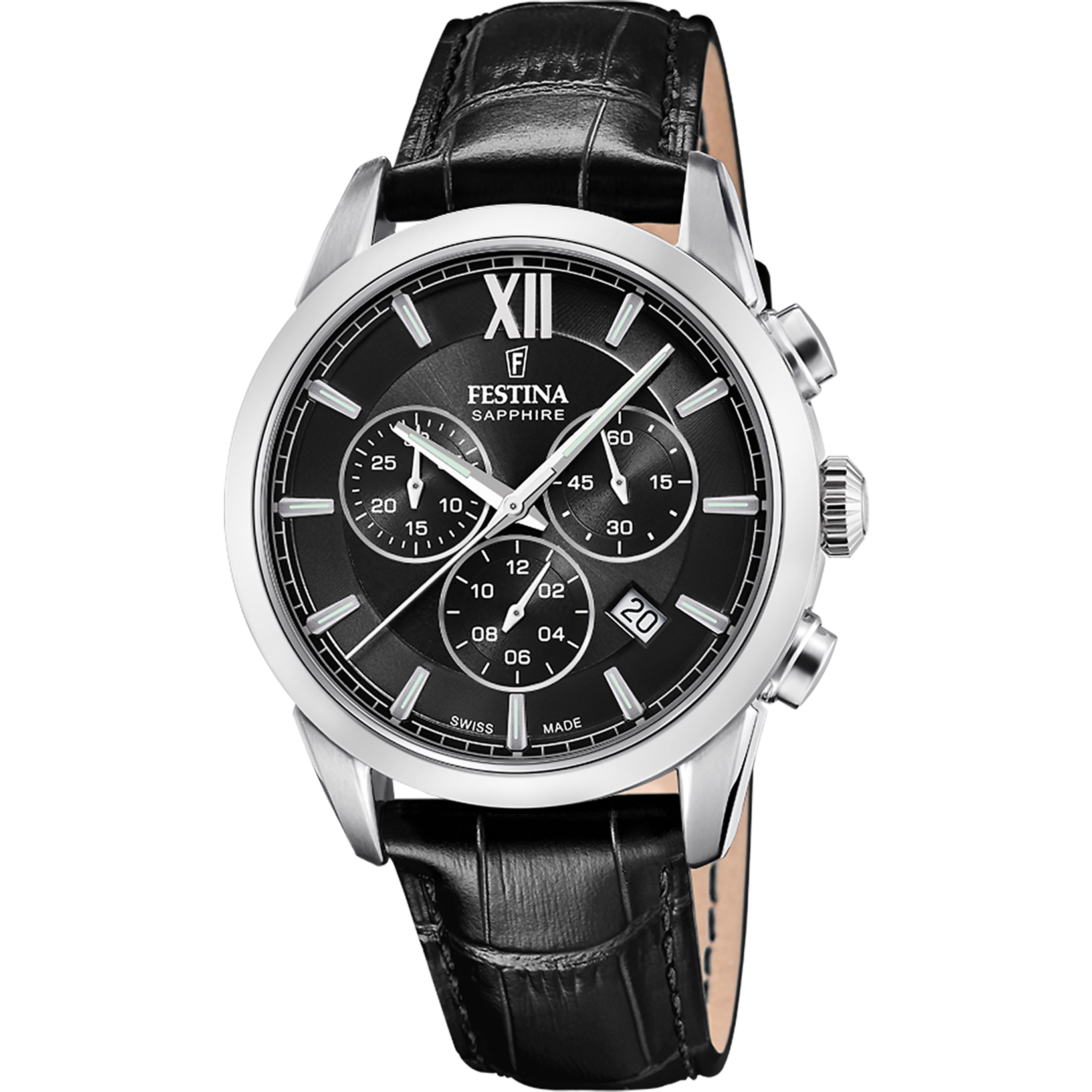 Festina Chrono F20041/4 Herren • Schweizer Herstellung • Schwarzes Lederarmband